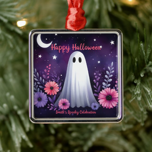 Whimsical Ghost and Floral Spooky Pink Purple Metal Ornament (Tree)