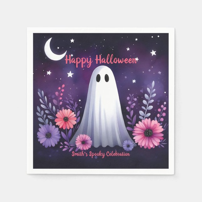 Whimsical Ghost and Floral Spooky Pink Purple Napkin (Front)