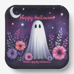 Whimsical Ghost and Floral Spooky Pink Purple Paper Plate