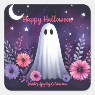 Whimsical Ghost and Floral Spooky Pink Purple Square Sticker