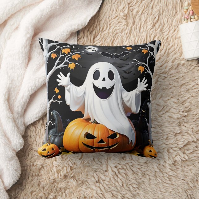 Whimsical ghost celebrates Halloween by a pumpkin Throw Pillow (Blanket)