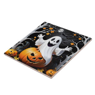 Whimsical ghost celebrates Halloween by a pumpkin Tile
