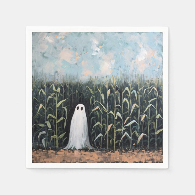 Whimsical Ghost Corn Field Painting Napkin (Front)