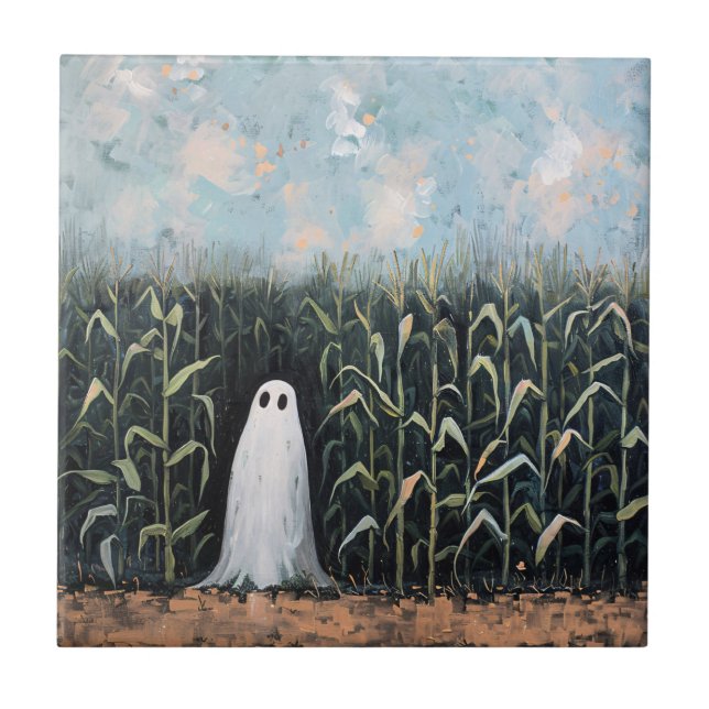 Whimsical Ghost Corn Field Painting Tile (Front)