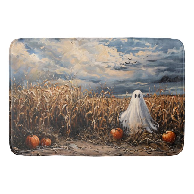 Whimsical Ghost Corn Field Pumpkins Bath Mat (Front)