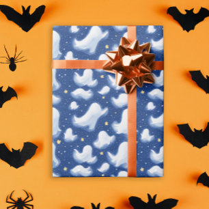 Whimsical Ghost Halloween Starry Night Watercolor Wrapping Paper