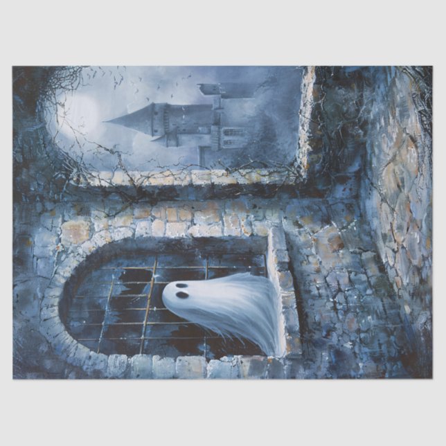 Whimsical Ghost Haunted Castle Decoupage Tissue Paper (Front)