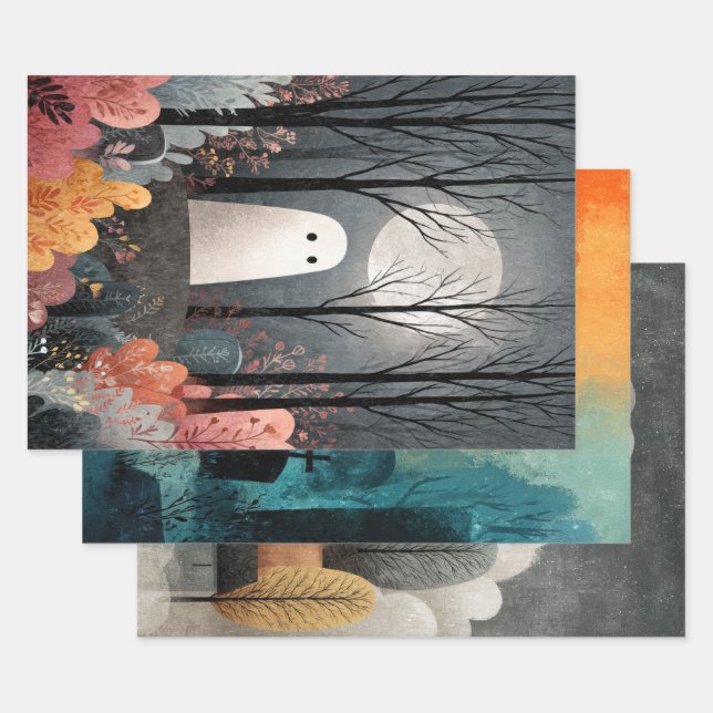 Whimsical Ghost Illustration Spooky Cute Halloween Wrapping Paper Sheet (Set)