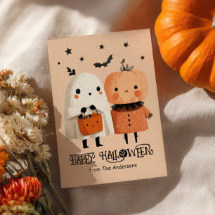 Whimsical Ghost& Pumpkin Cute Watercolor Halloween Postcard