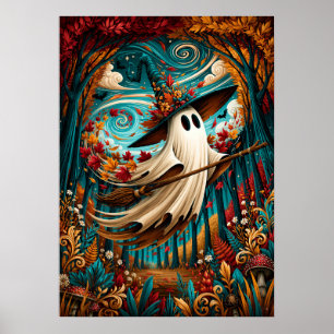 Whimsical Ghost Witch Autumn Forest Poster