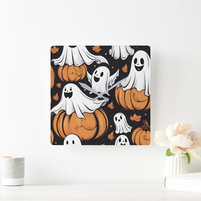 Whimsical ghosts playing among Halloween pumpkins Square Wall Clock (Home)