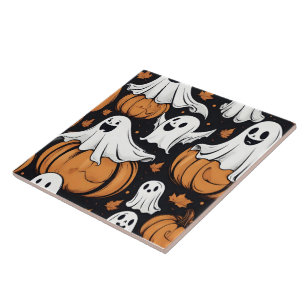 Whimsical ghosts playing among Halloween pumpkins Tile