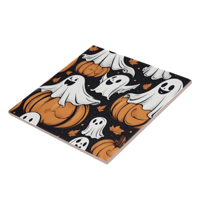 Whimsical ghosts playing among Halloween pumpkins Tile (Side)