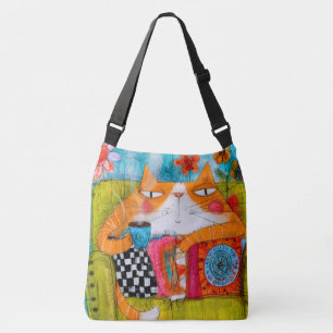 Whimsical Ginger Cat with Cup of Tea Crossbody Bag