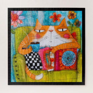 Whimsical Ginger Cat with Cup of Tea Jigsaw Puzzle
