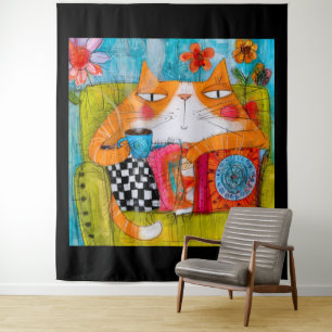 Whimsical Ginger Cat with Cup of Tea Tapestry