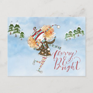 Whimsical Ginger Hair Ice Skater Holiday Postcard
