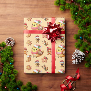 Whimsical Gingerbread Holiday Pattern on Beige Bac Wrapping Paper