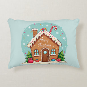 Whimsical Gingerbread House Christmas Scene Accent Pillow