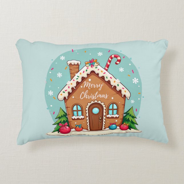 Whimsical Gingerbread House Christmas Scene Accent Pillow (Front)
