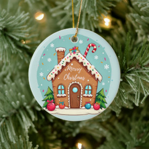 Whimsical Gingerbread House Christmas Scene Ceramic Ornament