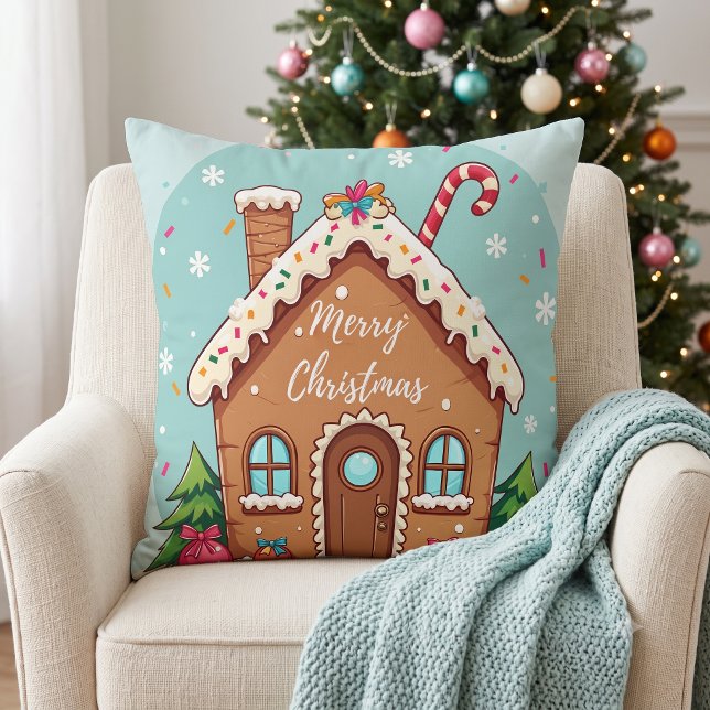 Whimsical Gingerbread House Christmas Scene Throw Pillow (Whimsical Gingerbread House Christmas Scene Throw Pillow)