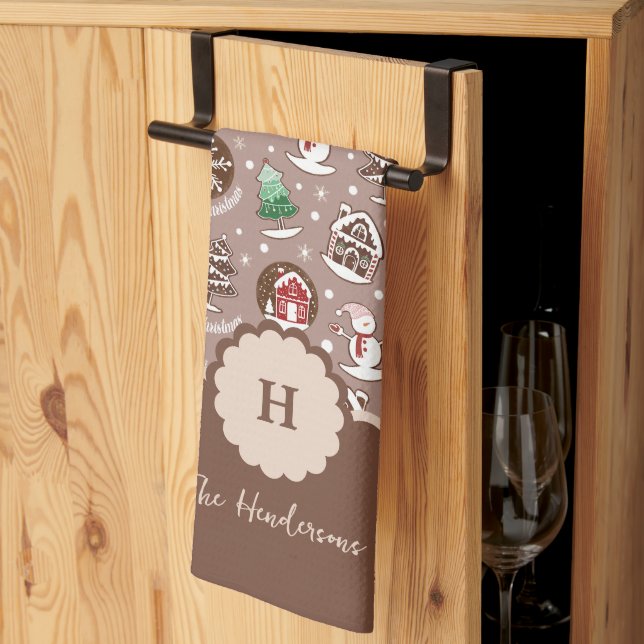 Whimsical Gingerbread Monogram Christmas Kitchen Towel (Thirds Fold)