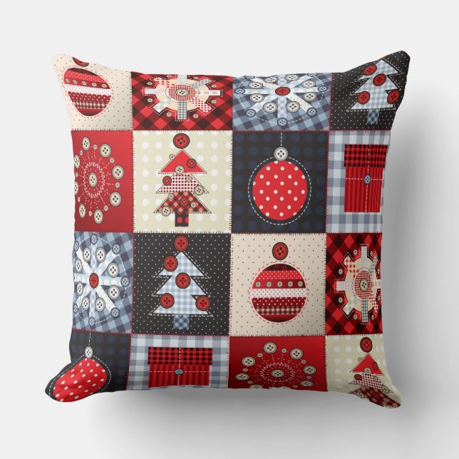 Whimsical Gingham Christmas Patchwork Quil Throw Pillow (Front)