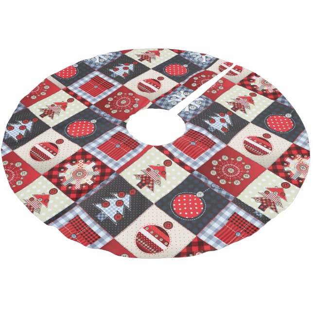 Whimsical Gingham Christmas Patchwork Quilt Brushed Polyester Tree Skirt (Angled)