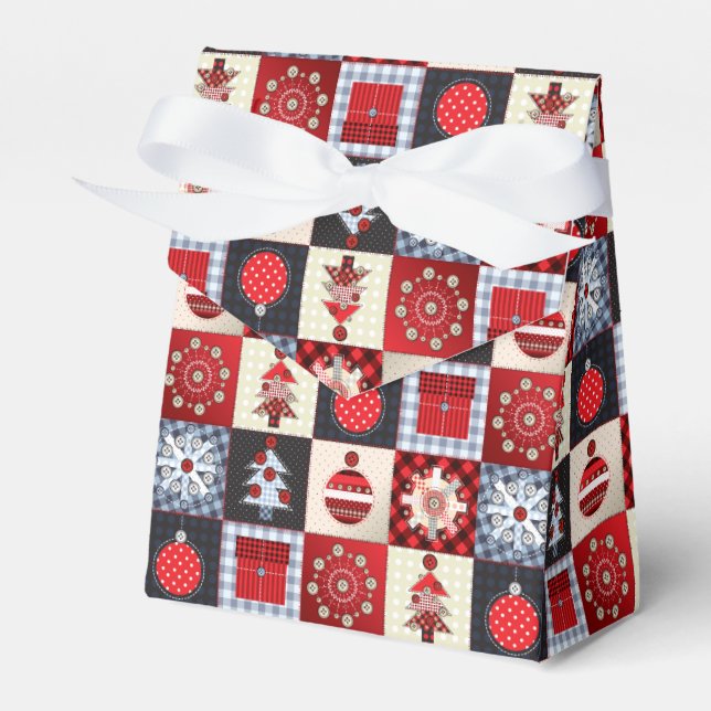 Whimsical Gingham Christmas Patchwork Quilt Favor Box (Front Side)