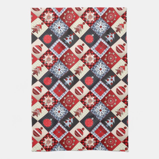 Whimsical Gingham Christmas Patchwork Quilt Kitchen Towel (Vertical)