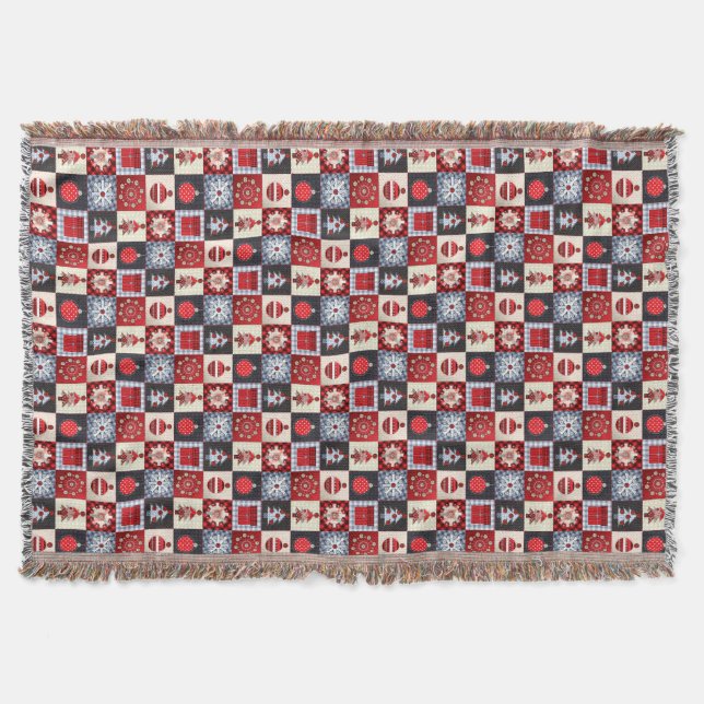 Whimsical Gingham Christmas Patchwork Quilt Throw Blanket (Front)