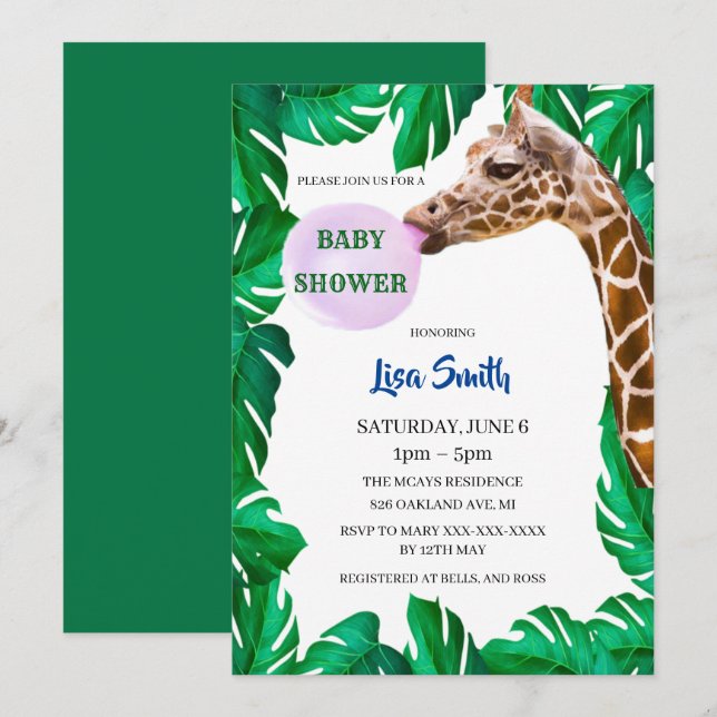 Whimsical Giraffe Blowing Bubble Gum Baby Shower Invitation (Front/Back)