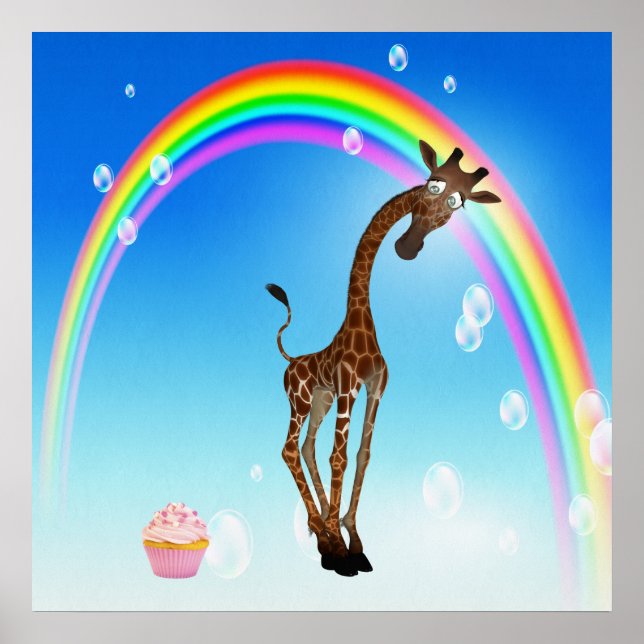 Whimsical Giraffe, Cupcake & Rainbow Poster (Front)