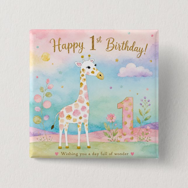 Whimsical Giraffe First Birthday Wonder 2 Inch Square Button (Front)