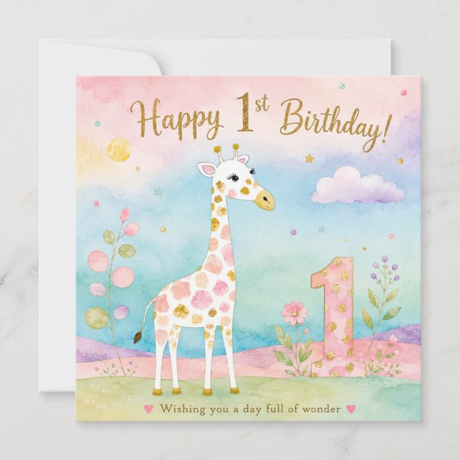 Whimsical Giraffe First Birthday Wonder Card (Front)