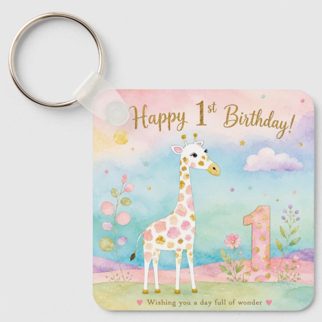 Whimsical Giraffe First Birthday Wonder Keychain (Front)