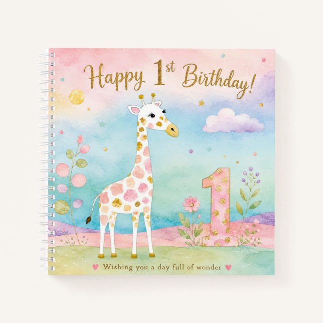 Whimsical Giraffe First Birthday Wonder Notebook (Front)