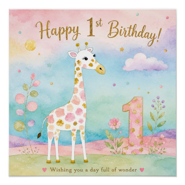 Whimsical Giraffe First Birthday Wonder Poster (Front)