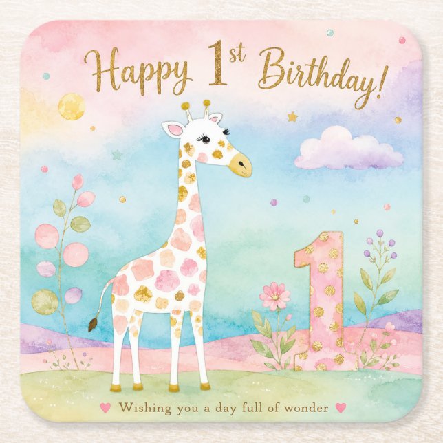 Whimsical Giraffe First Birthday Wonder Square Paper Coaster (Front)