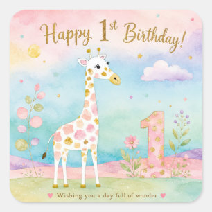 Whimsical Giraffe First Birthday Wonder Square Sticker