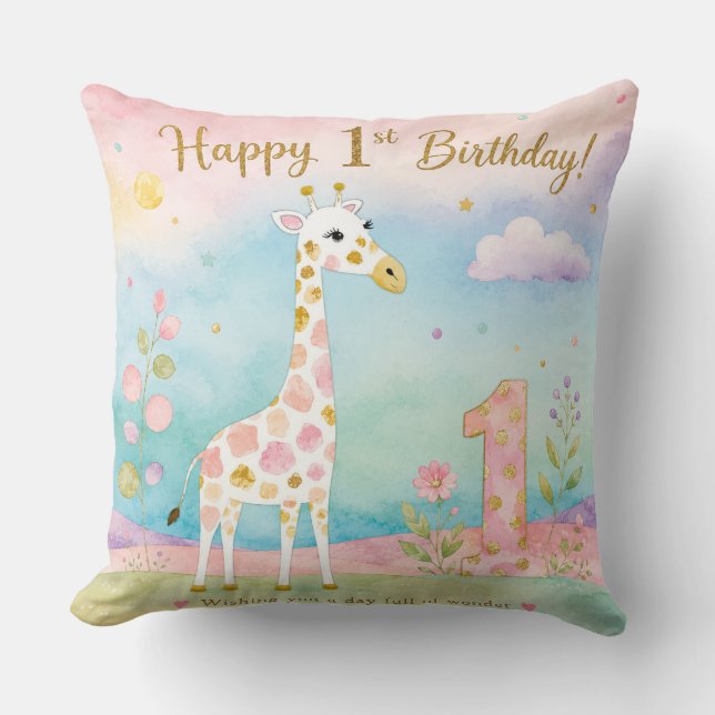 Whimsical Giraffe First Birthday Wonder Throw Pillow (Front)