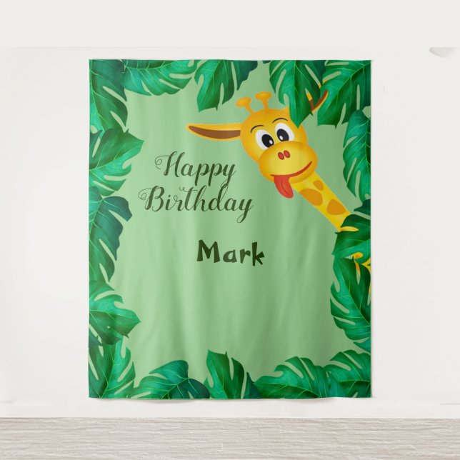 Whimsical Giraffe Safari Birthday Photo Backdrop Tapestry (Front)