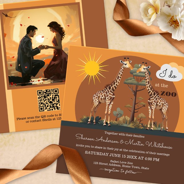 Whimsical Giraffe Safari Zoo Wedding All-in-One Invitation (Cute and whimsical wedding invitation with a zoo or safari theme featuring two giraffes in Africa)