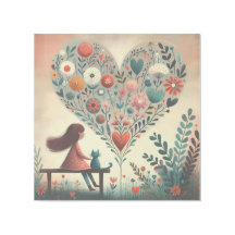 Whimsical Girl and Cat Beside a Floral Heart
