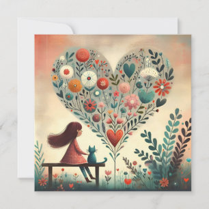 Whimsical Girl and Cat Beside a Floral Heart Holiday Card