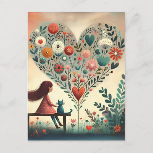 Whimsical Girl and Cat Beside a Floral Heart  Postcard