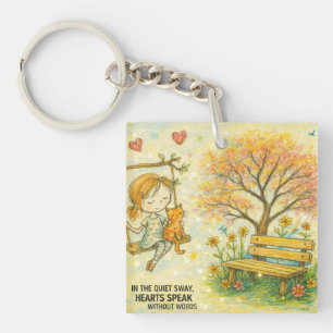 Whimsical Girl and Orange Cat Garden Keychain