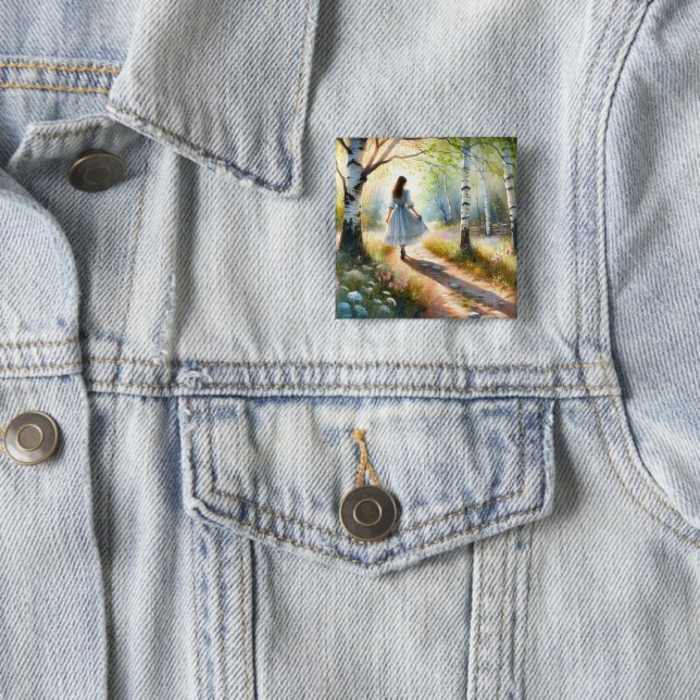Whimsical Girl Dancing Through Birch Forest 2 Inch Square Button (In Situ)