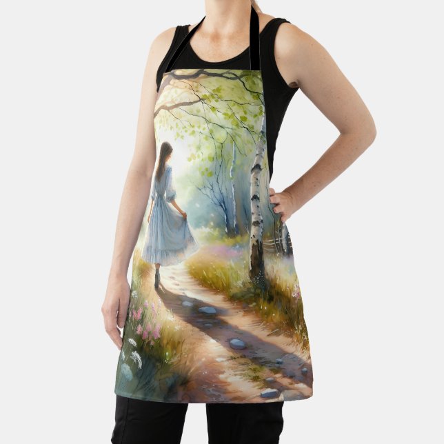 Whimsical Girl Dancing Through Birch Forest Apron (Insitu)